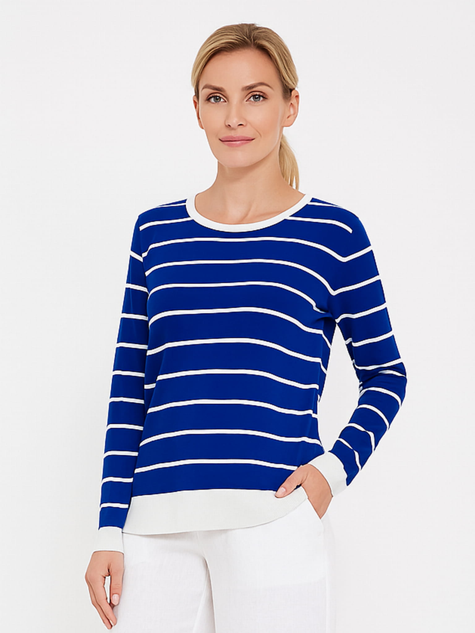 Sweter w białe paski kobaltowy 021