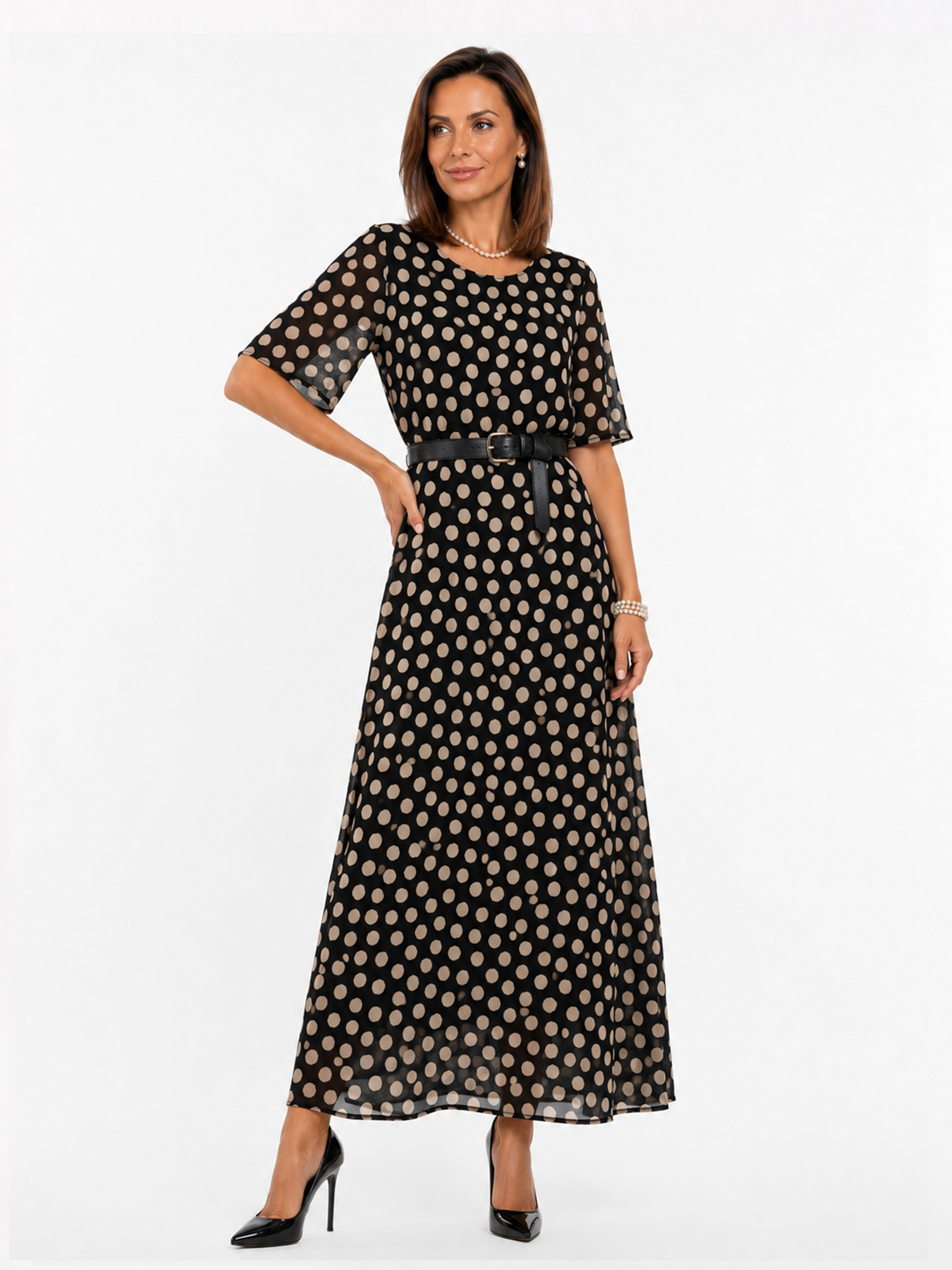 Sukienka maxi w beżowe kropki, czarna 590